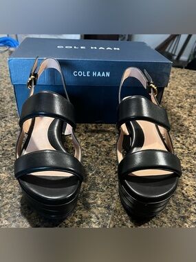 Cole Haan Black Leather Wedge Slingback Sandals with Buckle